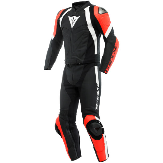 Traje de cuero Dainese Avro 4 2 piezas negro mate / rojo flúo / blanco 52