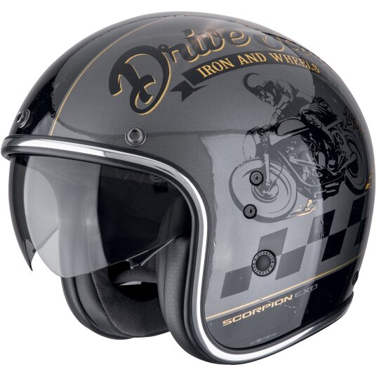 Scorpion Exo Belfast EVO Drive Fast Casco Jet Argento / Nero / Oro